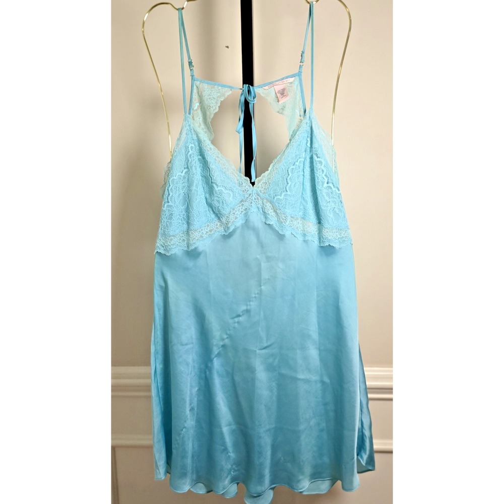 Victoria's Secret Women's Aqua Blue Satin Racer Straps Low Back Lacy Lingerie